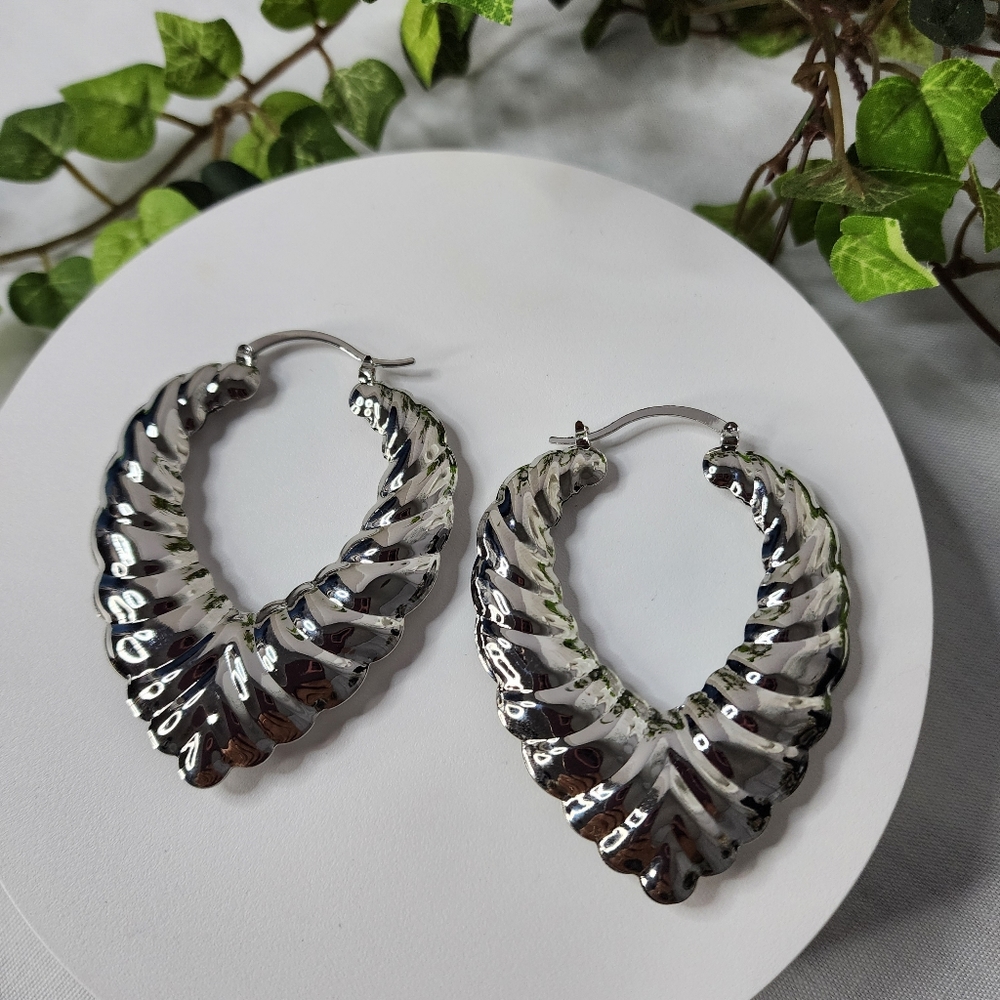 Large Statement Silver Scalloped Hoop Earrings New